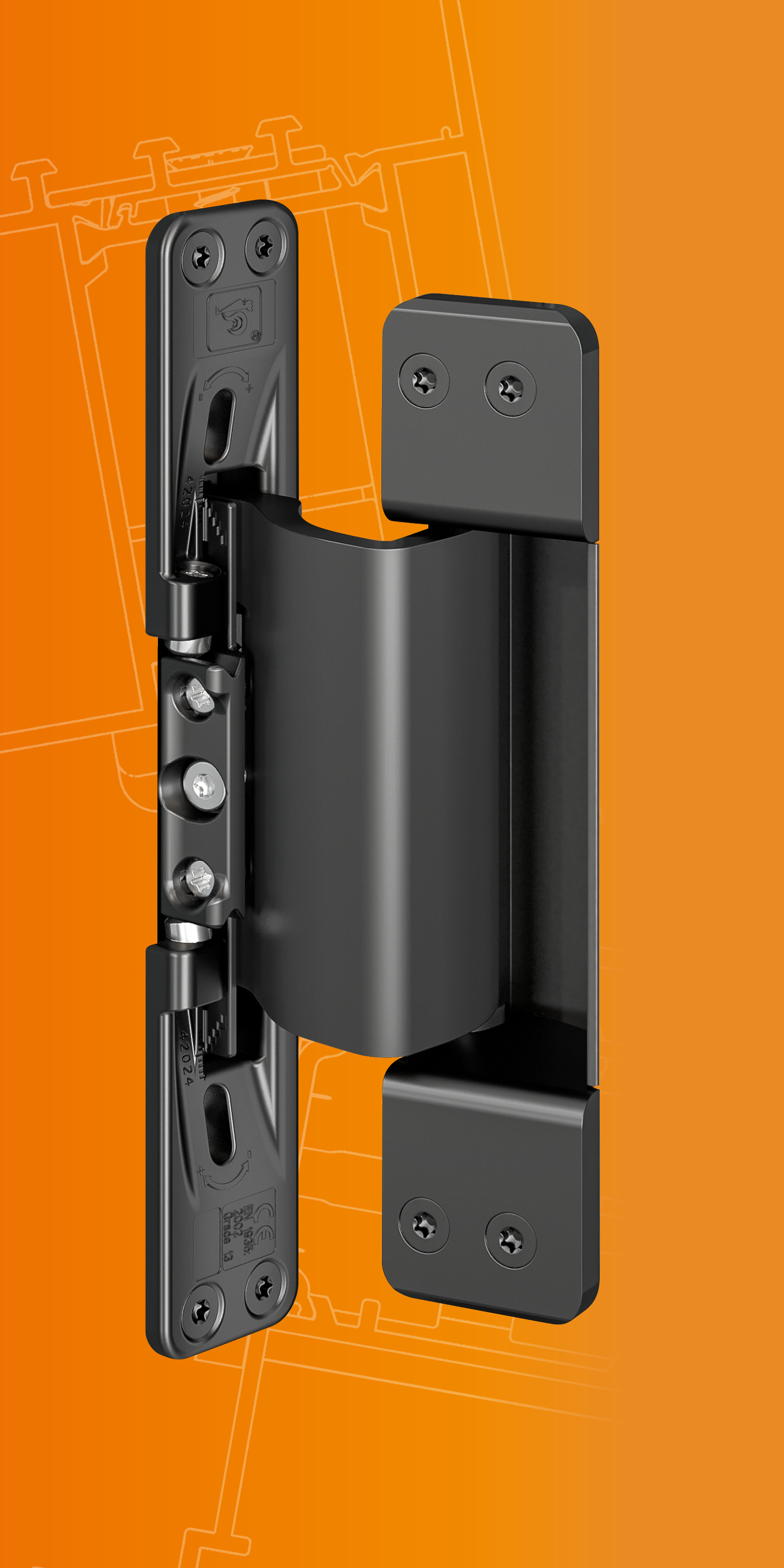 Hahn VL-Band AT – Die neue, verdeckt liegende Bandausführung für Türen aus flächenbün­digen Aluminiumprofilen verbirgt sich vollständig im Inneren der Profile.